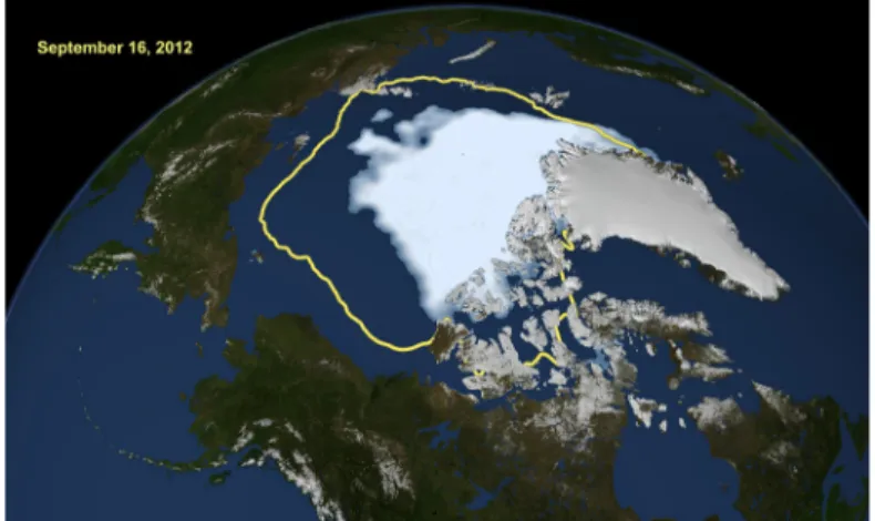 Figure  1 :  Étendue minimale de la glace de mer  en 2012. La ligne jaune correspond à l’étendue  minimale moyenne des 30 dernières années