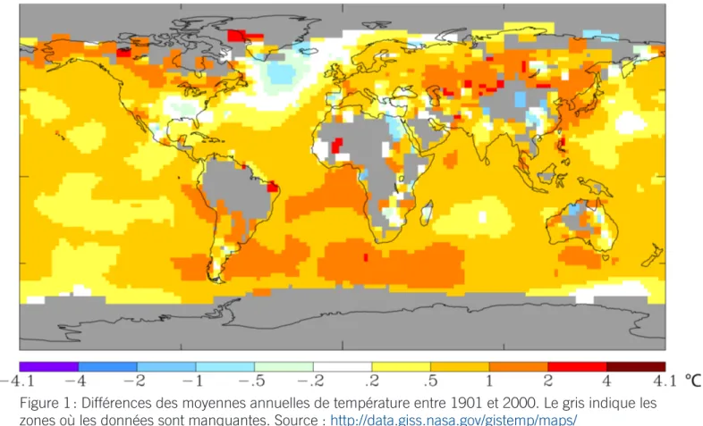 Figure 1 : Différences des moyennes annuelles de température entre 1901 et 2000. Le gris indique les  zones où les données sont manquantes