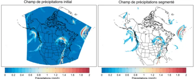 Figure 6 : Deux étapes de l’identification de structures de précipitations sur le continent