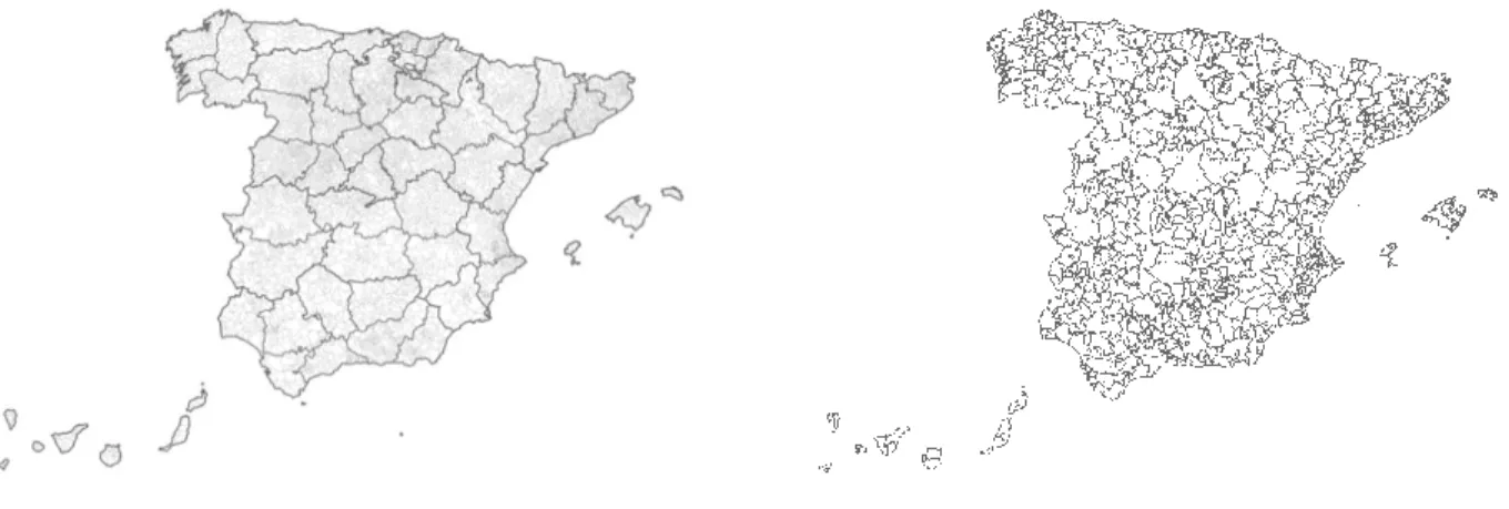 Figure 9 – Spanish local areas: administrative basic unit (municipalities) and economic  local unit (LLMs) (2001)