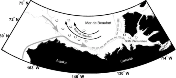 Figure 5 : De récentes découvertes démontrent qu’un nombre important de tour- tour-billons observés dans la mer de Beaufort a pour origine un courant présent le long  du talus continental au sud de la mer de Beaufort