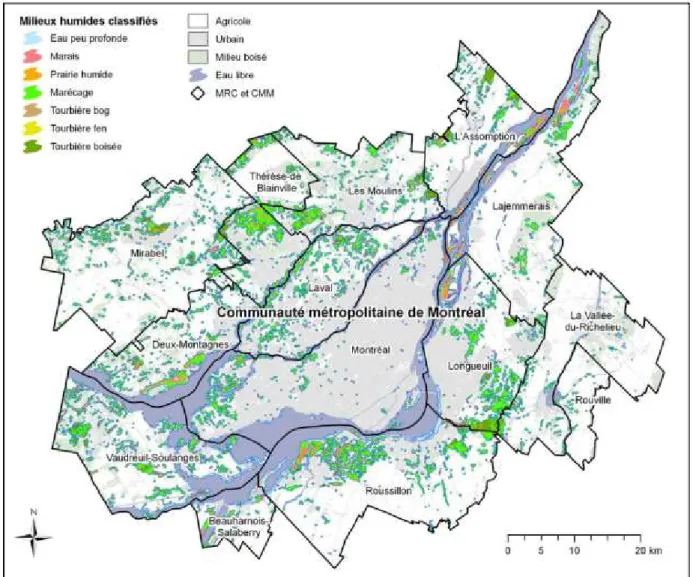 Figure 3.3  Localisation et types de milieux humides sur le territoire de la CMM  (Tiré de Canards Illimités et MDDEP, 2010) 