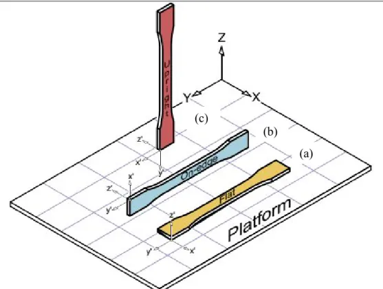Figure 2.6. Exemple de directions de fabrication sur un lit d’impression : (a) à plat, (b)  de côté, et (c) debout