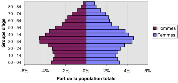 Figure 1- Pyramide des âges : RMR de Montréal, 1996  -6% -4% -2% 0% 2% 4% 6%00 - 0410 - 1420 - 2430 - 3440 - 4450 - 5460 - 6470 - 7480 - 84Groupe d'âge