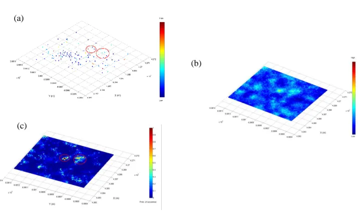 Figure 3 BSS results at depth slice of 820m. (a) Core iron grades at 820m obtained from more than  50  wells,  (b)  median  of  50  realisations,  (c)  probability  of  occurrence  of  iron  grades  over  a  cutoff fixed at a grade of 10 