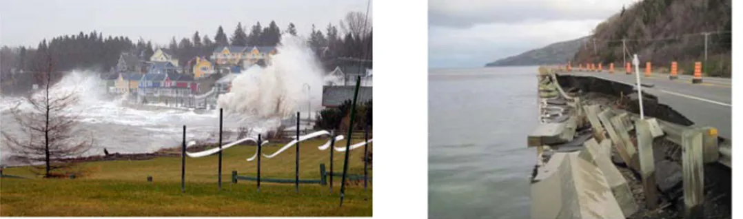 Figure 1.  Examples of wave impact on coast and coastal infrastructure (St. Lawrence river, Québec)