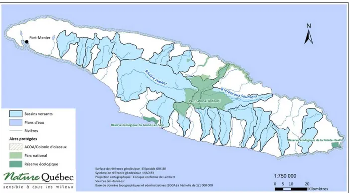 Figure 1.1 Carte des rivières et aires protégées de l’ile d’Anticosti (tirée de : Nature Québec, 2016)  