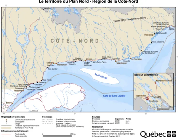 Figure 1.3 Territoire du Plan Nord – Région de la Côte-Nord (tirée de : MERN, 2015)  1.3.4 La Stratégie touristique québécoise au nord du 49 e  parallèle  