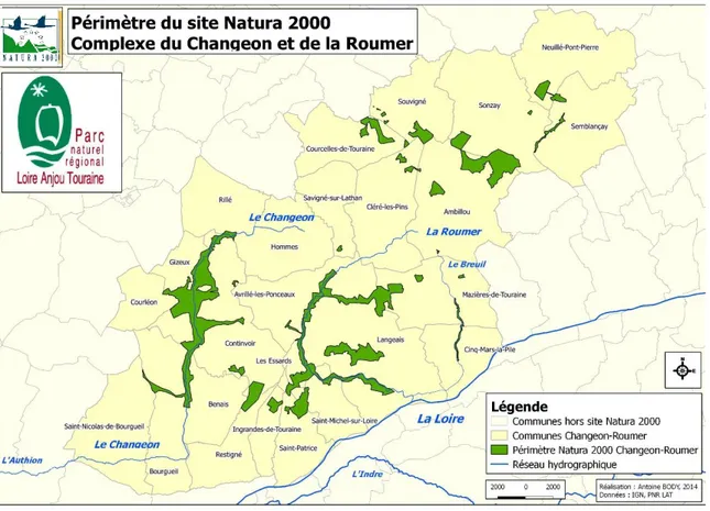 Figure 2.2  Périmètre du site Natura 2000 Complexe du Changeon et de la Roumer, éclaté  entre la vallée du Changeon, de la Roumer, du Breuil, les bois et landes du Nord  et les landes du Sud 
