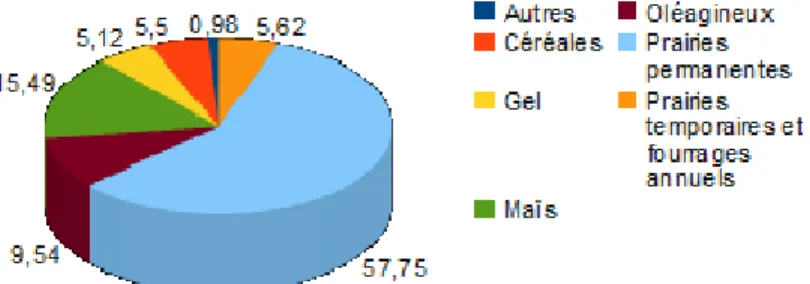 Figure 2.3   Proportion des différentes pratiques agricoles sur le site Natura 2000 Complexe  du Changeon et de la Roumer, exprimée en pourcentage de la SAU (DDT  Indre-et-Loire, 2012) 