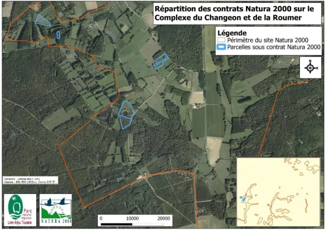Figure 3. 3  Répartition  des  contrats  Natura  2000  sur  le  Complexe  du  Changeon  et  de  la  Roumer 