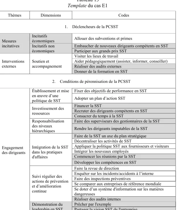 Tableau 13        Template du cas E1 