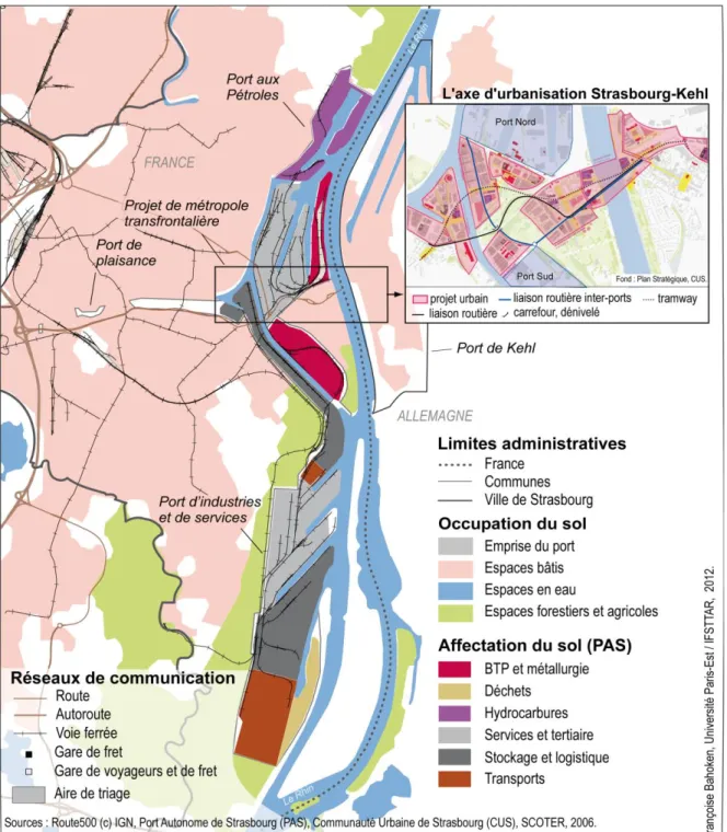 Figure 3.1 : Affectation du sol du port de Strasbourg et axe d’urbanisation Strasbourg-Kehl (tiré  de Route500 et autres, 2006) 