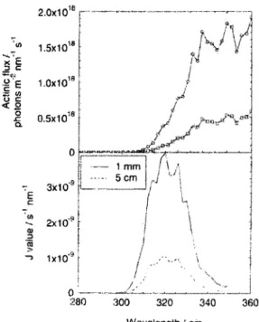 Figure 8 : Graphique du haut: flux solaires mesures dans la neige a des  profondeurs de 1mm (courbe ayant un flux plus eleve) et 5 cm