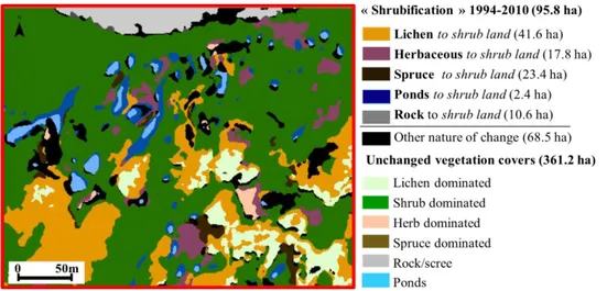 Fig. 3  Subscene (same of fig. 2) of the final change detection map [12] showing the shift from the 1994 land cover classes to shrub lands  (2010)