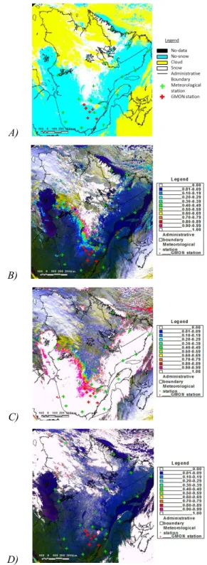 Figure 2.  Snow cover map over Eastern Canada, November  10 th ,  2010.  A)  Classic  map,  B)  Snow,  C)  No-Snow  and  D)  Cloud  probability  maps  generated  by  the  ensemble   snow-mapping  algorithm  (the  0  probability  is  shown  with  no  opacit