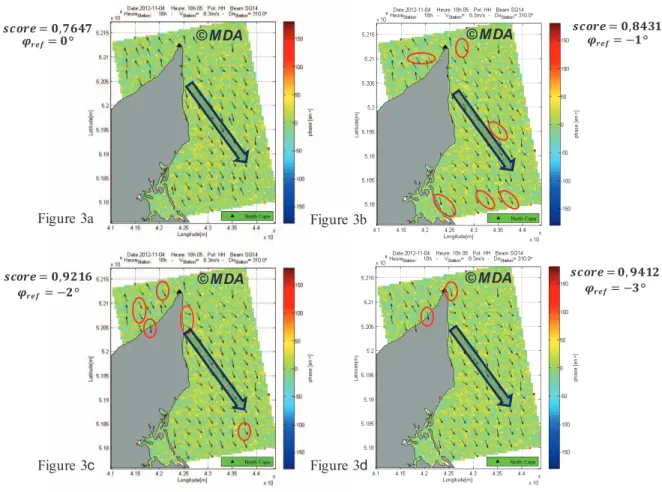 Figure 3: Phase values in HH polarization and wind directions (small arrows). Different reference phase values were used: Fig.3a)  φ ref = 0°, Fig.3b) φ ref = -1°, Fig.3c) φ ref = -2°, and Fig 3d) φ ref = -3°