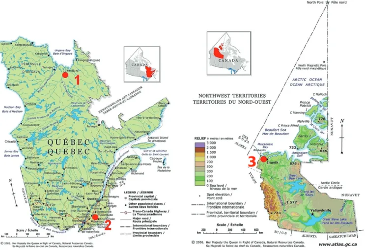 Fig. 2. Locations of the study sites, which are indicated by red dots, in Quebec (left) and the Northwest Territories (right), Canada