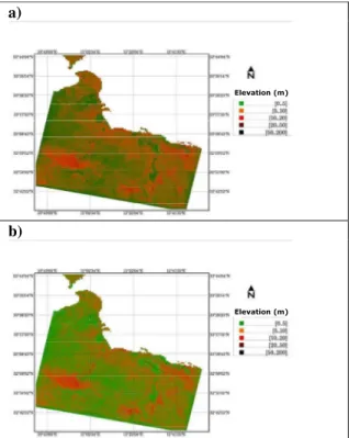 Fig. 4: InSAR DEM for the interferogram pair April 6 th - May 11 th , 1999: a) uncorrected for atmospheric effects; 