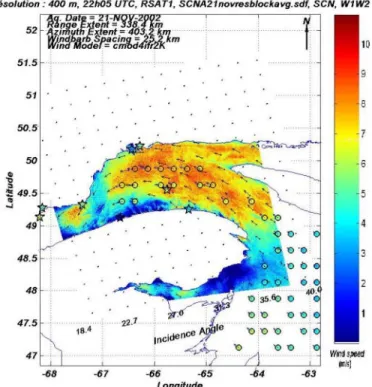 Figure 1: RADARSAT SAR derived wind map at 400 meters resolution. Stars  represent in situ wind speeds and circle QuickSCAT wind measurements
