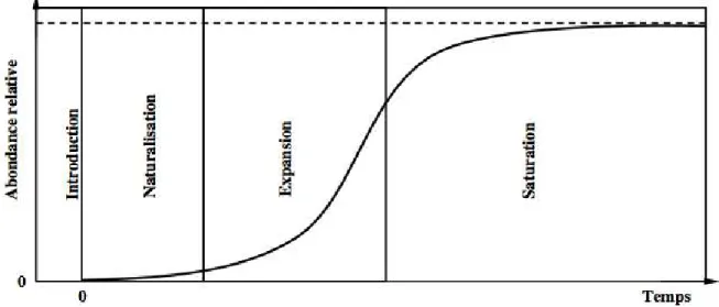 Figure 1.1 : Abondance relative d'une EEE en fonction du temps et par rapport aux niveaux  d'envahissement théoriques possibles (tiré de : Benoit, 2012, p.9) 