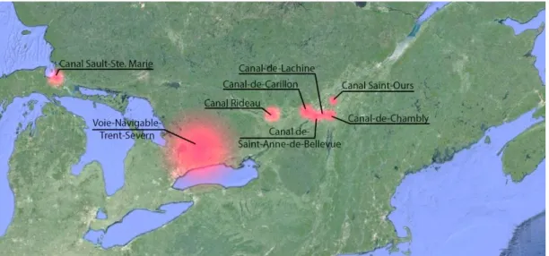 Figure 5.2 : Canaux historiques québécois et ontariens de Parcs Canada   (Adapté de : Parcs Canada, 2012 et Google Maps 2014) 