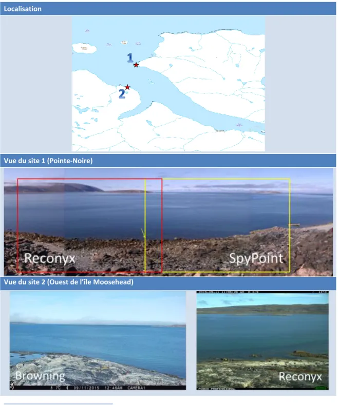 Figure 7 : Emplacement et vues des caméras situées à  la Baie Déception (site 1-Pointe-Noire, site  2-Ouest de l’île  Moosehead) 