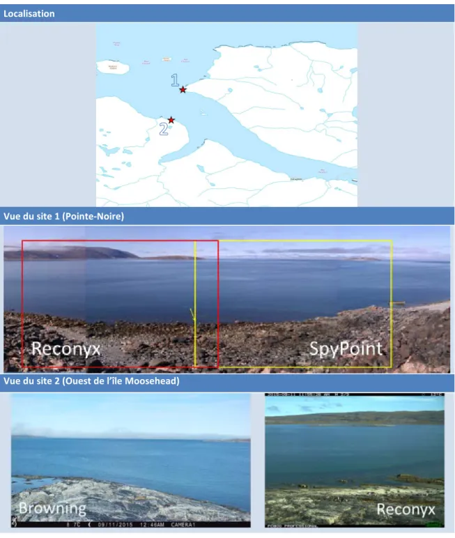 Figure 12 : Emplacement et vues des caméras situées à la Baie Déception (site 1-Pointe-Noire, site 2-Ouest de l’île  Moosehead) 