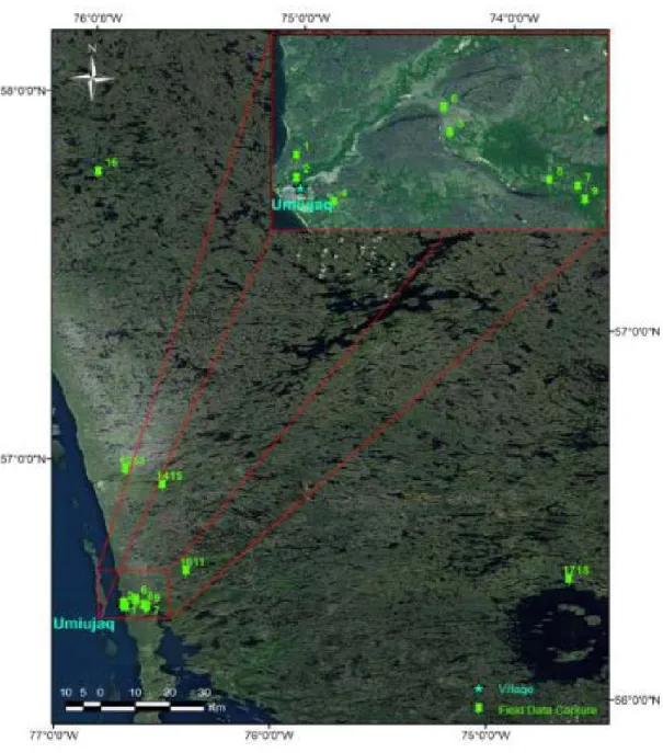 Figure 1: Location of surface probes (green dots) operational in 2012-2013, Hudson Bay East Coast
