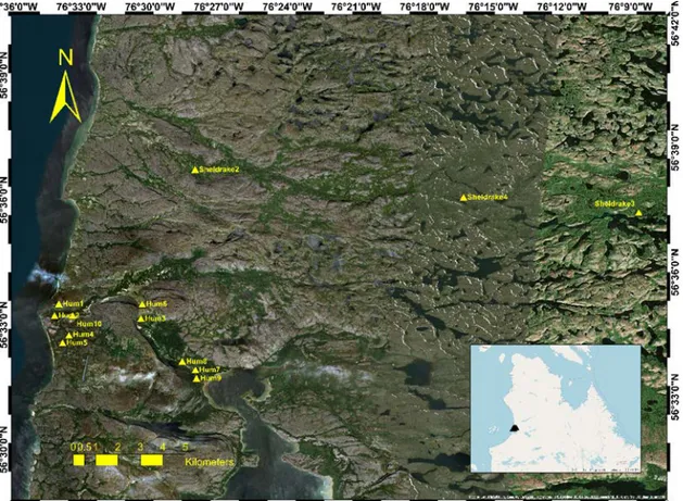 Figure  3  Locations of temperature and soil moisture operational  sensors  in 2018 near the Nordic  village of Umiujaq, in the Tasiapik valley and in the  Sheldrake catchment, Nunavik,  Quebec  (Basemap Open StreatMap)