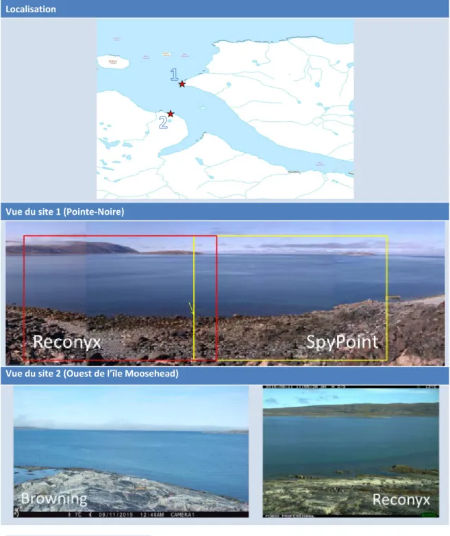 Figure 5 : Emplacement et vues des caméras situées à la Baie Déception (site 1-Pointe-Noire, site 2-Ouest de l’île  Moosehead) 