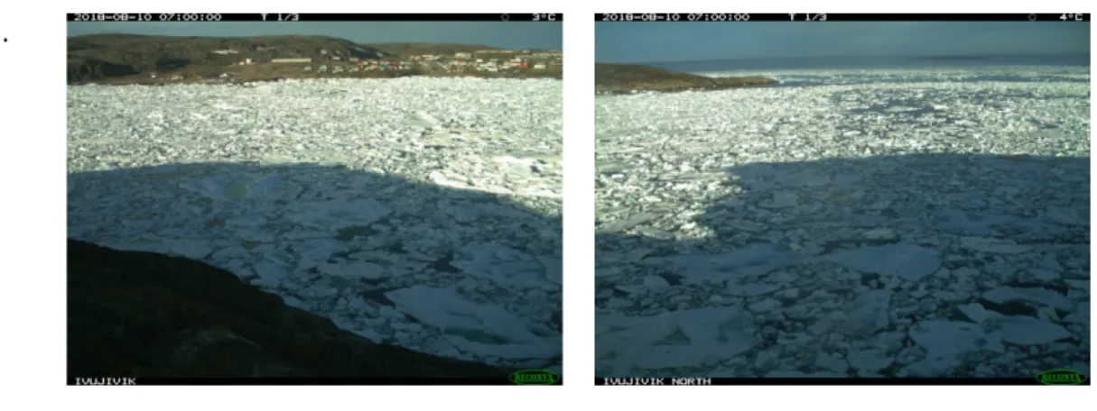 Figure 11 : Évolution de la fonte du couvert de glace à Ivujivik en 2018 (A- 10 juin 2018, B- 15 juin 2018, C- 22 juin  2018, D- 25 juin 2018, E- 29 juin 2018, F- 4 juillet 2018, G- 1 août 2018, H- 5 août 2018, I- 10 août 2018)  