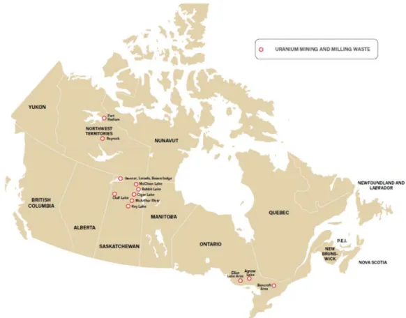 Figure 3. Locations of operating, closed and decommissioned uranium mining and milling  waste sites in Canada. Modified from (NRCan, 2018a). 