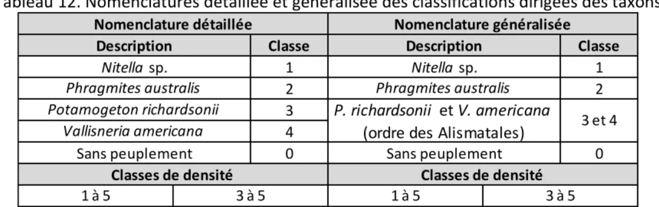 Tableau 12. Nomenclatures détaillée et généralisée des classifications dirigées des taxons 