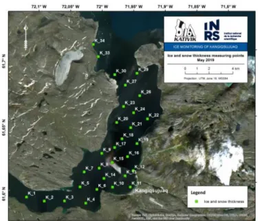 Figure 7: Location of the 2019 snow and ice thicknesses measurements in Kangiqsujuaq 