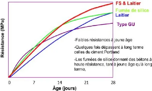 Figure 2.3 : Effet des ajouts cimentaires sur la résistance à la compression(Laldji, 2015) 