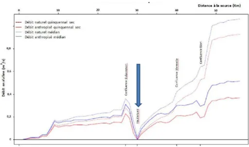 Figure 2.  Exemple d’augmentation amont - aval des impacts hydrologiques des prélèvements, cas  rivière  Galaure,  France