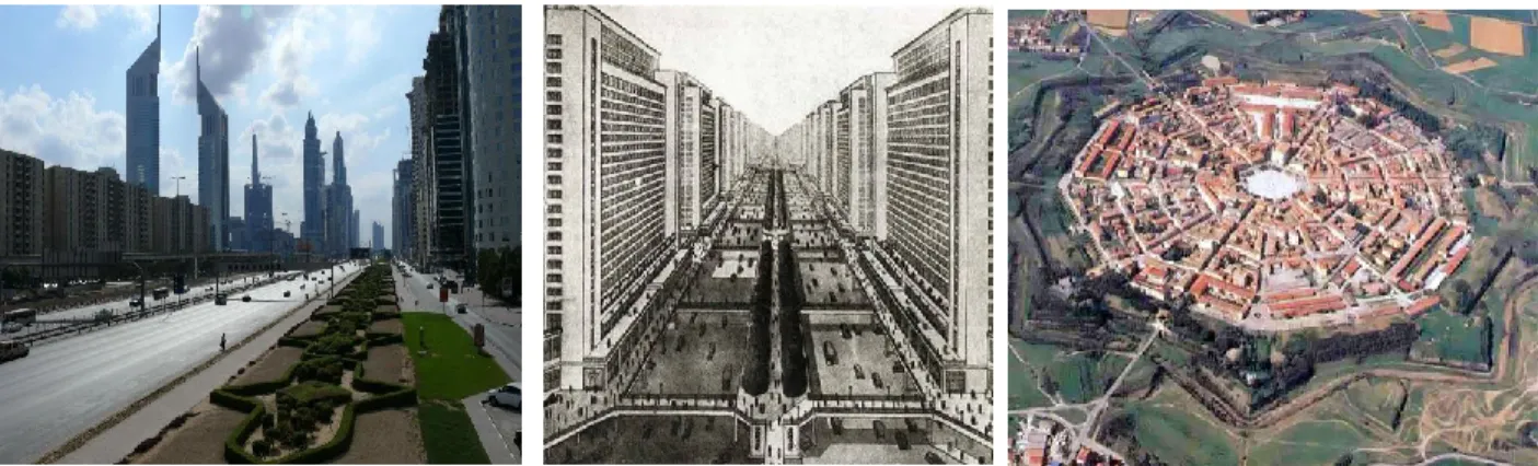 Figure 1.1 Ville de Dubaï en Arabie Saoudite (a), radieuse de Le Corbusier (b) et de Palmanova en  Italie (c) (tiré de : Merin, 2013) 