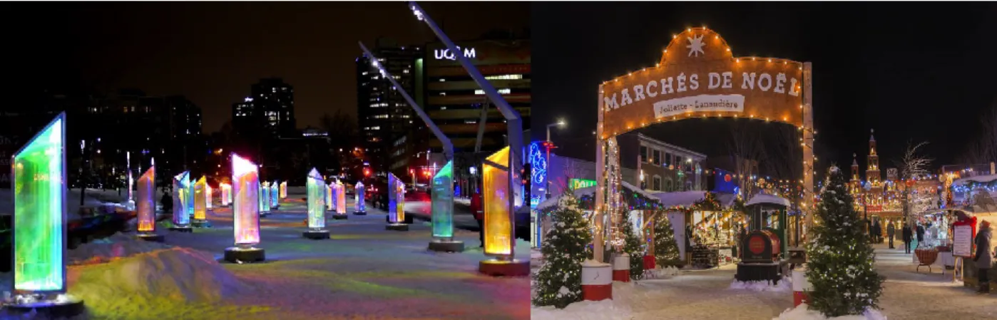 Figure 2.1  Exemples d’arts créatifs lumineux dans le cadre de Luminothérapie (a) et marchés de  Noël à Joliette (b) (tiré de : Québec original, 2018) 