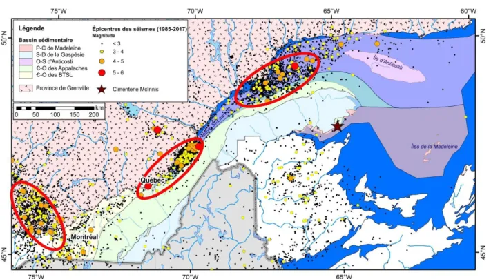 Figure 7 – Carte des bassins sédimentaires du sud du Québec et des épicentres des séismes entre 1985 et 2017