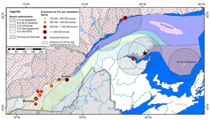 Figure  10  –  Carte  des  bassins  sédimentaires  du  sud  du  Québec  et  des  émissions  de  CO 2   par  installation  industrielle en 2015