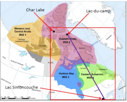 Figure 3. Location of lakes Simoncouche, Char and Lac-du-Camp. The purple line shows the location of the  original south-north section