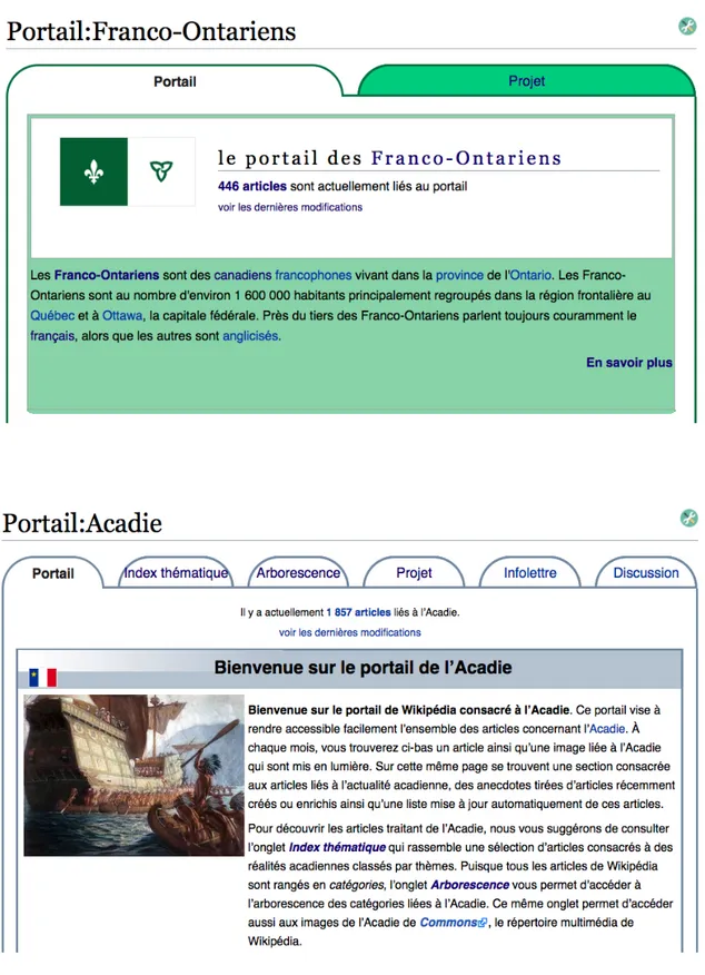 Figure 1 : Page d’accueil des portails Franco-Ontariens et Acadie dans Wikipédia.fr. 