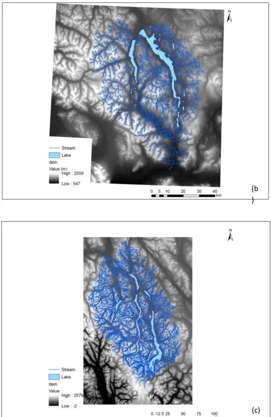 Figure 2.1 DEMs and stream and lake networks: (a) Mayo Watershed (b) Aishihik Watershed and (c)  Upper Yukon River watershed