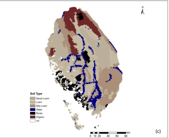 Figure 2.4 Soil type maps: of (a) Mayo, (b) Aishihik) and (c) Upper Yukon River Watersheds