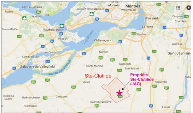 Figure 1. Localisation de la propriété  de silice Ste-Clotilde située  dans la Seigneurie de  Beauharnois-Villechauve