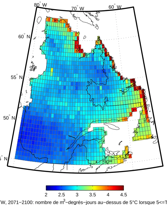 Fig. 50   Lac STW, 2071‐2100 : nombre de m 3 ‐degrés‐jours au‐dessus de 5 °C lorsque 5  T  