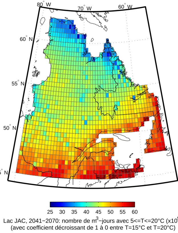 Fig. 77   Lac JAC , 2041‐2070 : nombre de m 3 ‐jours avec 5  T  20 °C (avec coefficient               décroissant de 1 à 0 entre 15 et 20 °C) (x10 9 ) (Carte 9) 