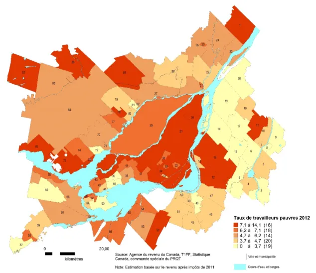 Figure  4.  Taux de travail pauvre à l’échelle de la RMR en 2012, villes et  municipalités 