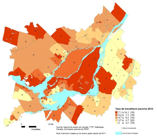Figure 4. Working poverty rates for the Montréal CMA in 2012 – Cities and  Municipalities 